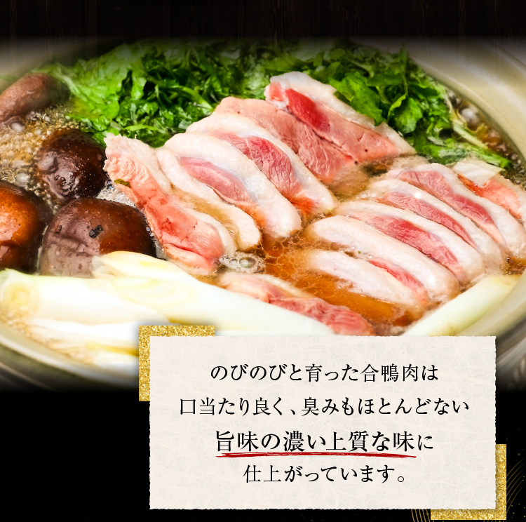 のびのびと育った合鴨肉は口当たり良く、臭みもほとんどない旨味の濃い上質な味に仕上がっています。